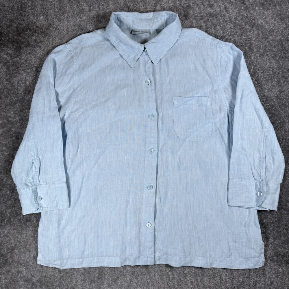 Valerie Stevens Casual Shirt Women's XL Blue Linen 3/4 Sleeve Button Up
